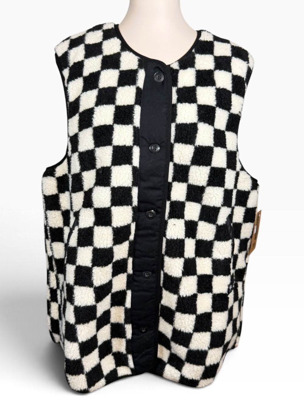 Vans Mason Reversible Checkerboard Sherpa Vest Black White Womens M NWT
